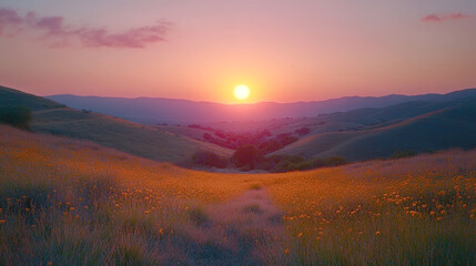 Obraz premium Sunset over rolling hills and wildflowers in a serene valley landscape
