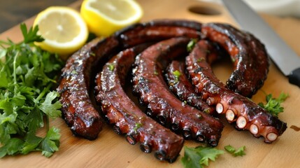 Grilled octopus tentacles arranged on a cutting board, with a knife, lemon slices, and fresh parsley nearby, ready for slicing
