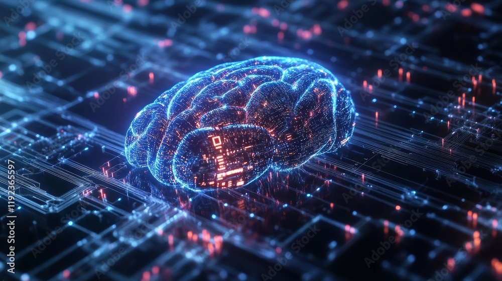 Poster a conceptual image of a digital brain with circuit lines, representing ai's role in enhancing cybers