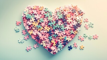 Colorful Jigsaw Puzzle Pieces in Heart Shape Missing Pieces Pastel Colors Love Concept