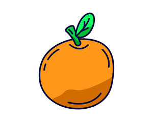 Orange fruit doodle cartoon illustration. Citrus fruit. Tropical orange vector with green leaf