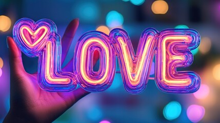 Vibrant Neon LOVE Sign Held in Hand Romantic Glowing Letters Colorful Bokeh Background