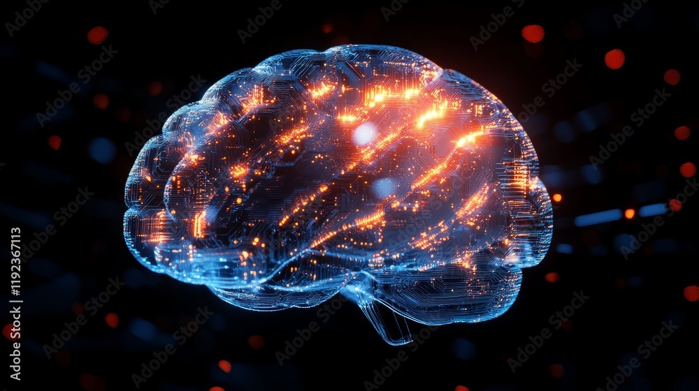 Poster a glowing digital brain with complex circuit patterns, symbolizing ai's integration in cybersecurity