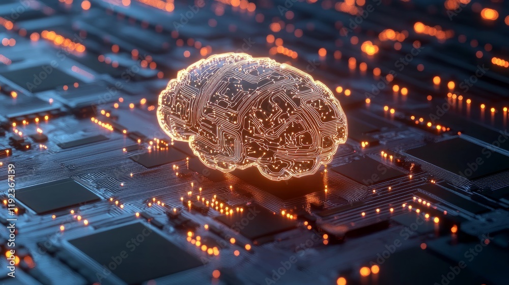 Poster a glowing digital brain with complex circuit patterns, symbolizing ai's integration in cybersecurity