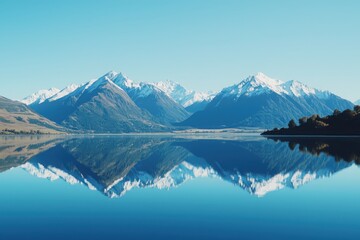 Naklejka premium Majestic mountain reflections in still waters serene lake landscape nature photography tranquil environment wide angle view scenic beauty
