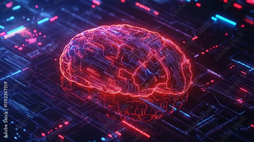Poster a glowing digital brain with complex circuit patterns, symbolizing ai's integration in cybersecurity