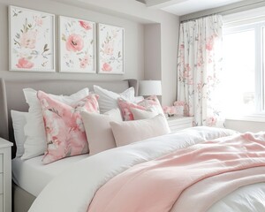 Bedroom decorated with watercolor-style floral patterns and blush pink Valentine tones