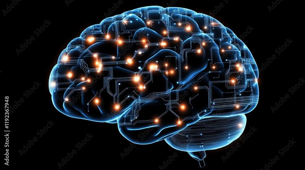 Poster a high-tech digital brain with neural circuits, representing artificial intelligence's role in cyber