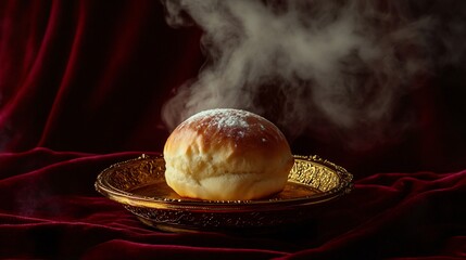 Freshly Baked Bread Bun with Steam on Golden Plate and Red Fabric
