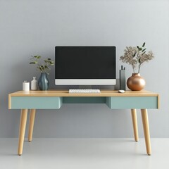 Modern minimalist home office desk setup with computer, plants, and stylish decor against a light grey wall.