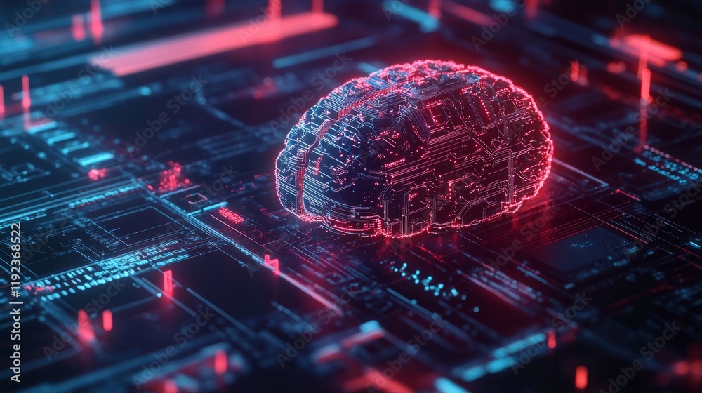 Poster a visual representation of ai in cybersecurity featuring a digital brain with intricate circuitry, s