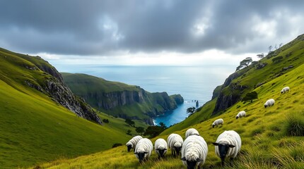 Black-faced sheep grazing on a lush green hillside with ocean and cliffs in the background