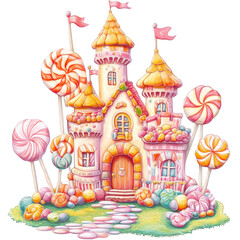 Whimsical Candy Castle Surrounded by Colorful Lollipops and Sweet Treats