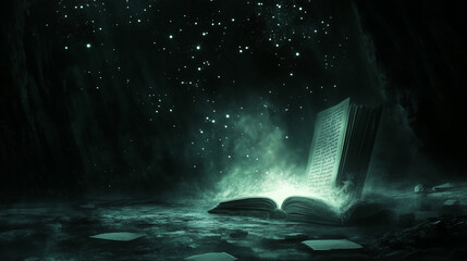 An open book with glowing pages and starlight streaming into the sky, against a dark celestial backdrop.