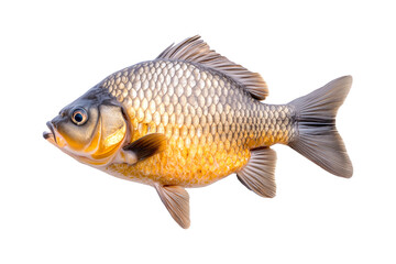 Fototapeta premium Closeup of fresh Crucian carp fish with detailed scales and fins, isolated on white transparent background, concept of aquatic life