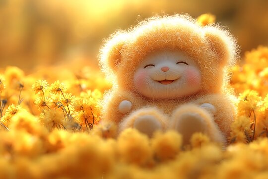 A cheerful teddy bear soers amidst a field of golden flowers.