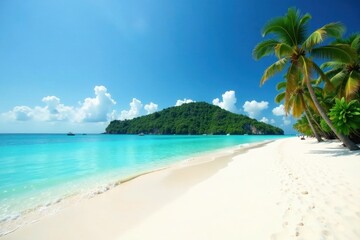 Fototapeta premium White sand beach, turquoise water, lush island backdrop, wave, blue