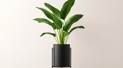 Modern indoor plant in sleek black pot, showcasing vibrant green leaves, perfect for home decor and adding touch of nature to any space