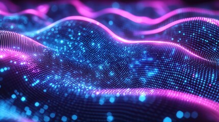 Plexus abstract background idea. Vibrant digital waves with glowing particles in blue and pink tones.