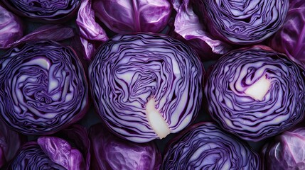 Obraz premium Sliced red cabbage reveals intricate layered texture
