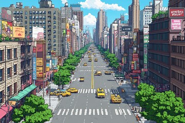 A vibrant and detailed illustration of a bustling cityscape, showcasing a bird's eye perspective of a city street lined with tall buildings, busy traffic, and lush greenery.