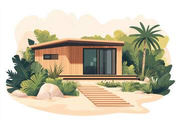 Fototapeta premium Eco lodge surrounded by lush greenery, featuring modern design and sustainable materials. Ideal for eco friendly travel and nature lovers