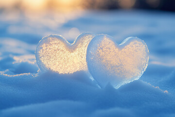 Fototapeta premium Two ice hearts are lying in the snow in the sunlight with a place for the text