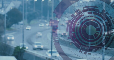 Image of scope and data processing over cityscape