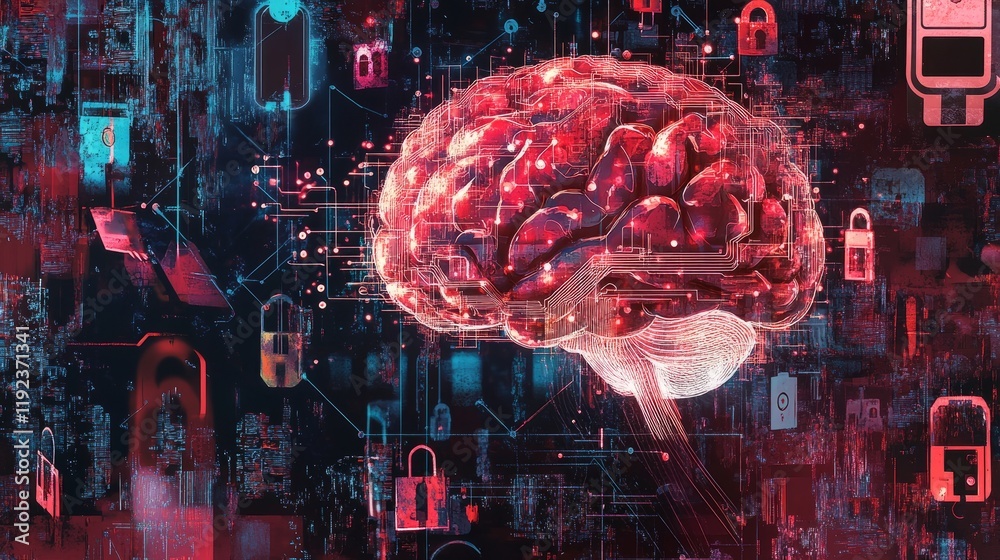Poster cybersecurity concept art featuring a digital brain with circuit lines, illustrating ai, with a back