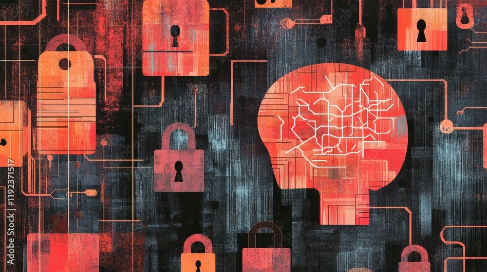 Poster cybersecurity concept art featuring a digital brain with circuit lines, illustrating ai, with a back