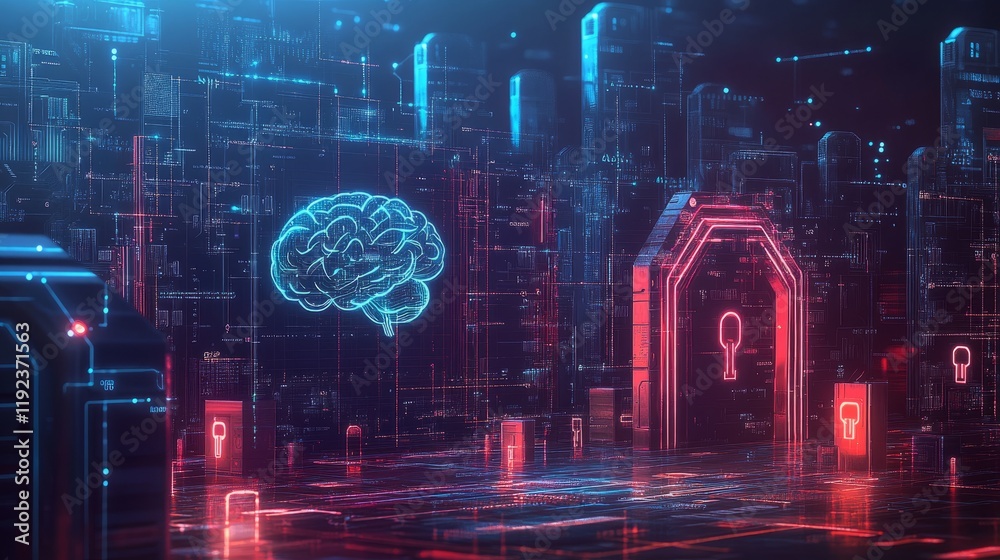 Poster cybersecurity concept art featuring a digital brain with circuit lines, illustrating ai, with a back