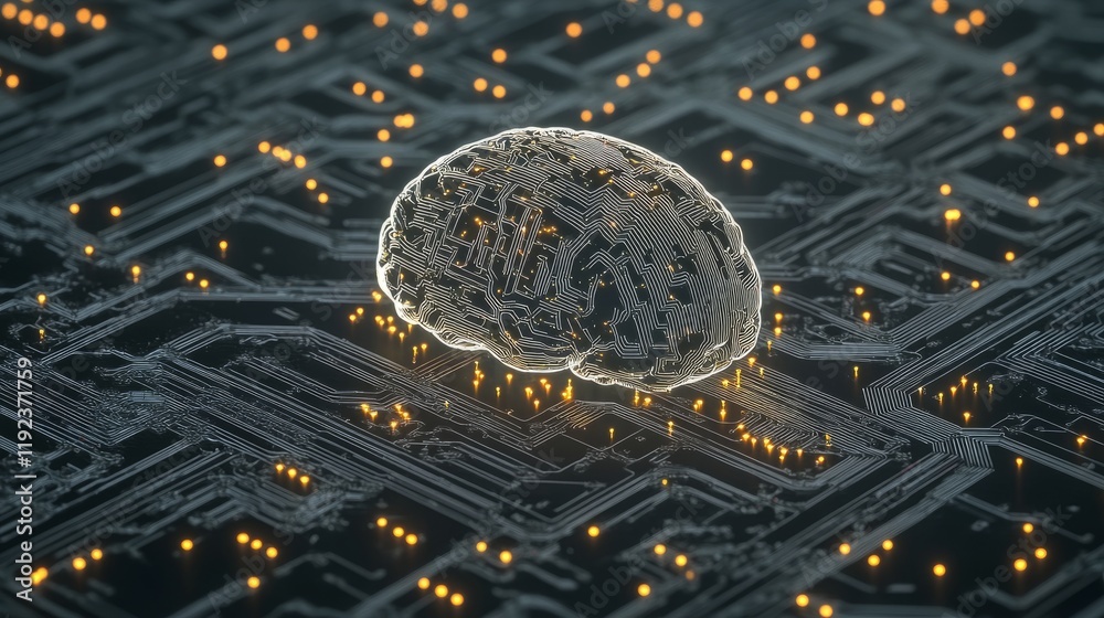 Poster cybersecurity-themed image of a digital brain with circuit lines, illustrating ai technology, with a