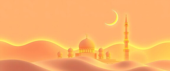 3D Islamic-themed background featuring a minaret and crescent moon with glowing edges.