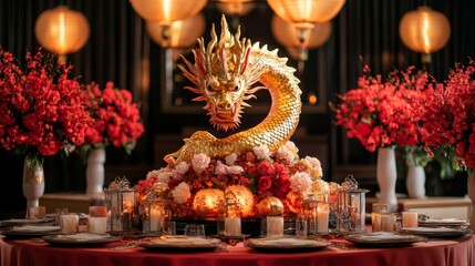 Golden Dragon Centerpiece Adorns Festive Table Setting