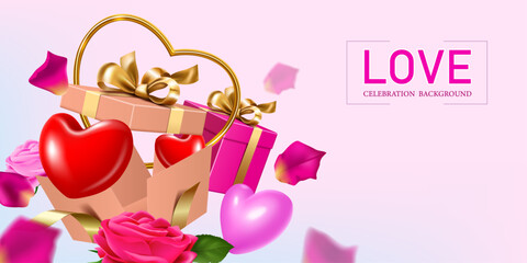 opening gift box and red and pink shiny hearts rose flower and petals flying on the light pink background.lovely event celebration banner.valentine's day and mother's day concept greeting card.