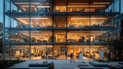 Illuminated Modern Office Building at Dusk