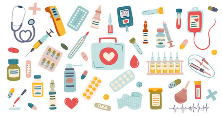 Set of medicine pills, supplies and tools isolated on white. Concept of medicine and healthcare. Vector flat cliparts.