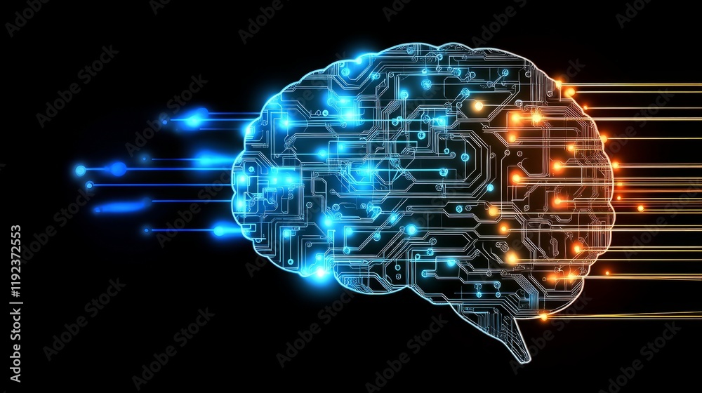 Poster futuristic digital brain with connected circuit lines representing ai, set against a backdrop of dat