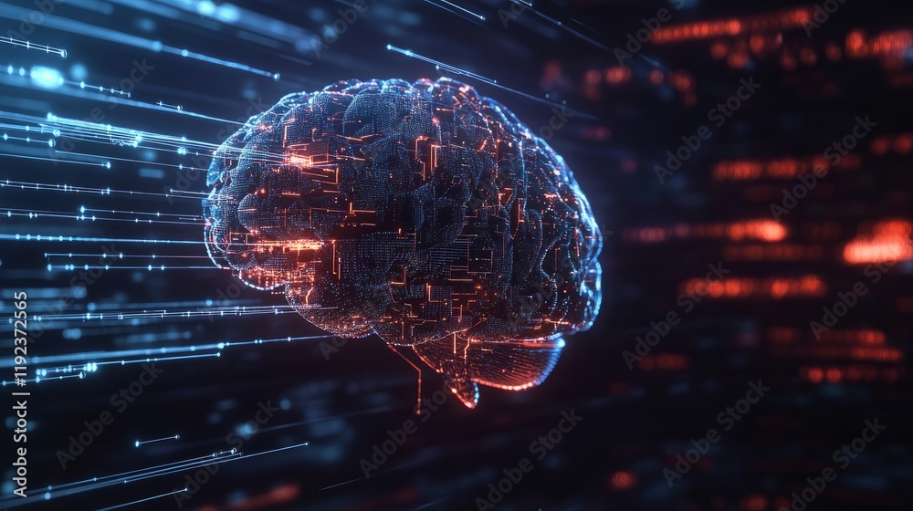 Poster futuristic digital brain with connected circuit lines representing ai, set against a backdrop of dat