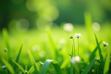 Fototapeta premium Soft green meadow, out-of-focus wildflowers, highlighted grass blade, flora, spring, environment