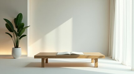 Serene Minimalist Room Interior Featuring a Low Wooden Table, Open Book, and Potted Plant in Soft Natural Light