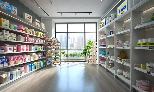 Bright and modern retail store interior showcasing a variety of personal care products, with a city skyline view in the background