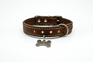 Classic Leather Dog Collar with Bone-Shaped Tag for Pets. Durable brown leather dog collar with stylish stitched design and metal bone tag.