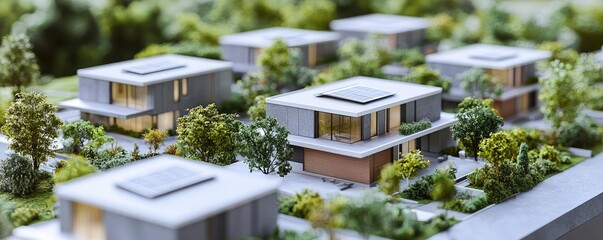 Fototapeta premium Architect project concept. A detailed architectural model of modern houses surrounded by greenery.