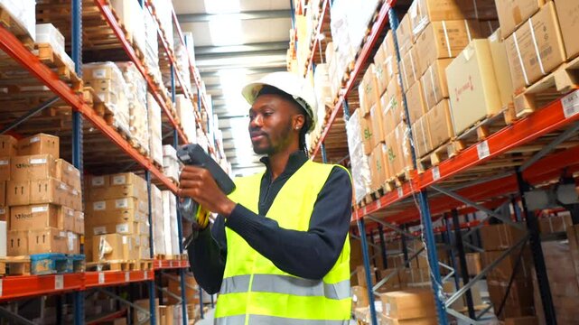 Warehouse worker scanning packages with barcode scanner