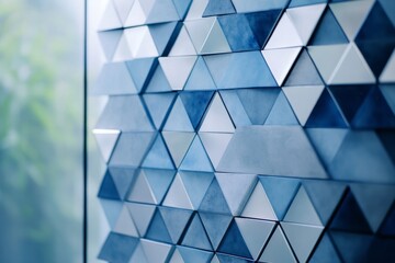 Fototapeta premium Close-Up of Glass Wall with Triangular Patterned Window Tiles in Silver and Blue Shades