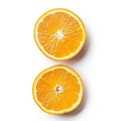 Fototapeta premium Two orange halves are showcasing their juicy texture against a clean white backdrop