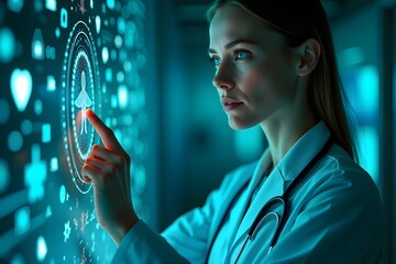 Doctor touch screen with , medical symbols icons on background health care concept
