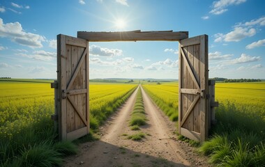 Fototapeta premium Open Door to a Sunny Field of Possibilities