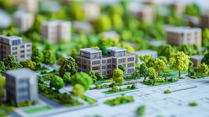 Architect blueprint concept. Detailed architectural model showcasing modern buildings amidst lush greenery and trees.